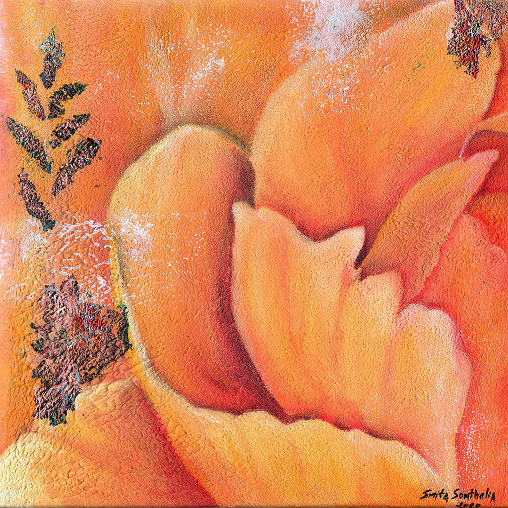 Amor Verdadero by London artist Smita Sonthalia original framed acrylic on canvas painting featuring flower petals in shades of orange.