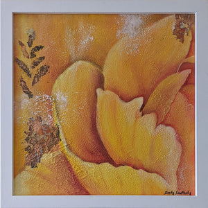 Amor Verdadero by London artist Smita Sonthalia original framed acrylic on canvas painting featuring flower petals in shades of orange wall