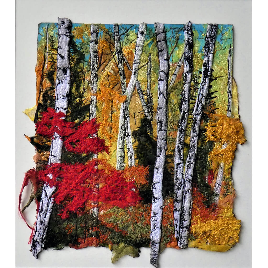 Autumn Palette by Diana Mckinnon embroidery artwork of forest in autumnal hues