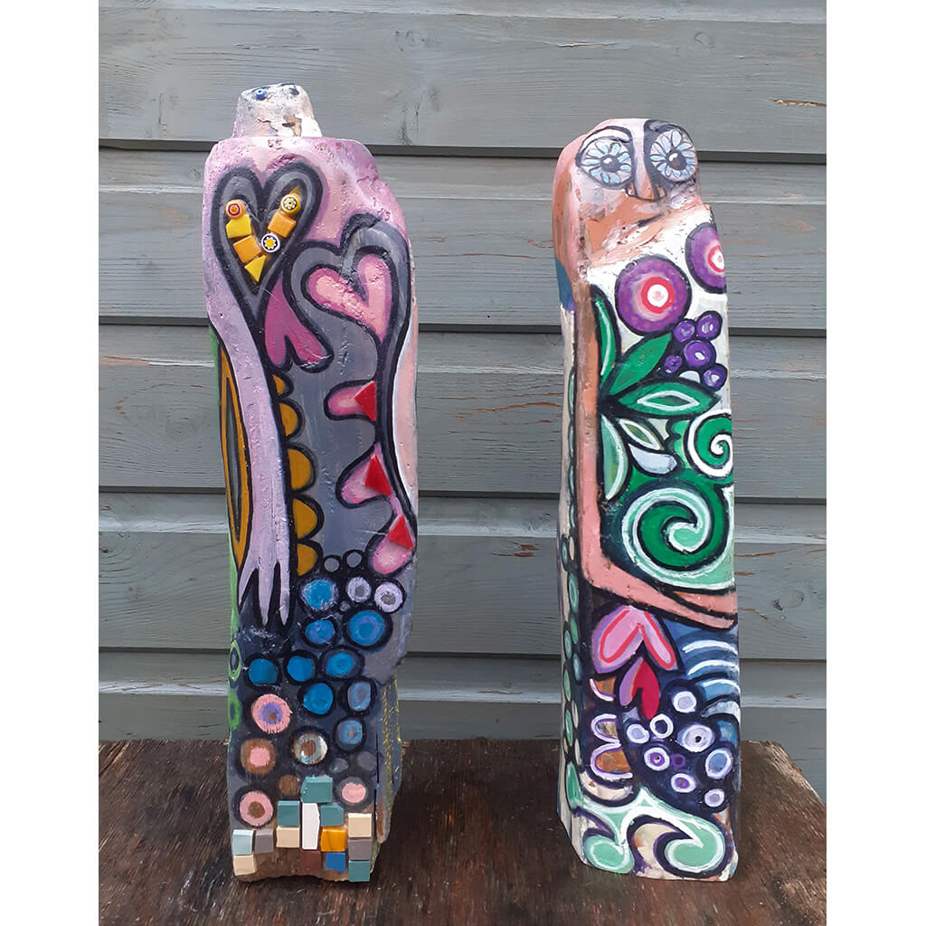 Small Babushkas by Wilf Frost original artwork painted colourfully in oil acrylic and mosaic on Thames driftwood