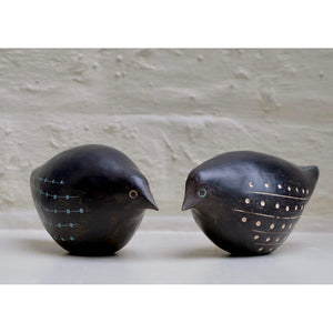 Blackbird 3 and 4 hand built one of a kind black stoneware bird with incised light blue and white slip design by Caroline Nuttall-Smith Pair