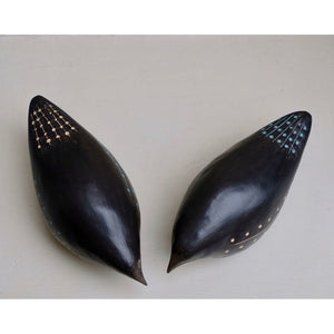 Pair Blackbird 3 and 4 hand built one of a kind black stoneware bird with incised light blue and white slip design by Caroline Nuttall-Smith