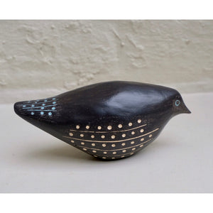 Blackbird 3 hand built one of a kind black stoneware bird with incised pale blue and white slip design by Caroline Nuttall-Smith