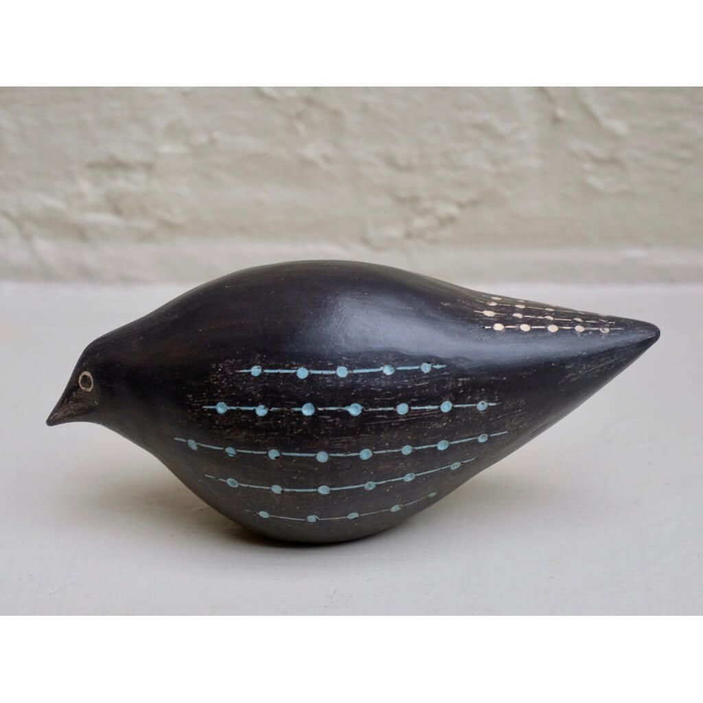 Blackbird 4 hand built one of a kind black stoneware bird with incised light blue and white slip design by Caroline Nuttall-Smith
