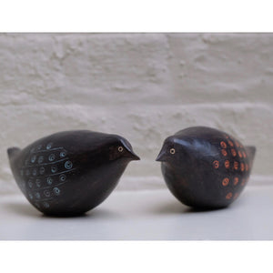Blackbirds I and II hand built one of a kind black stoneware bird with incised orange slip design by Caroline Nuttall-Smith