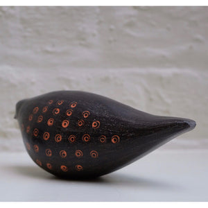 Blackbird I hand built one of a kind black stoneware bird with incised orange slip design by artist Caroline Nuttall-Smith