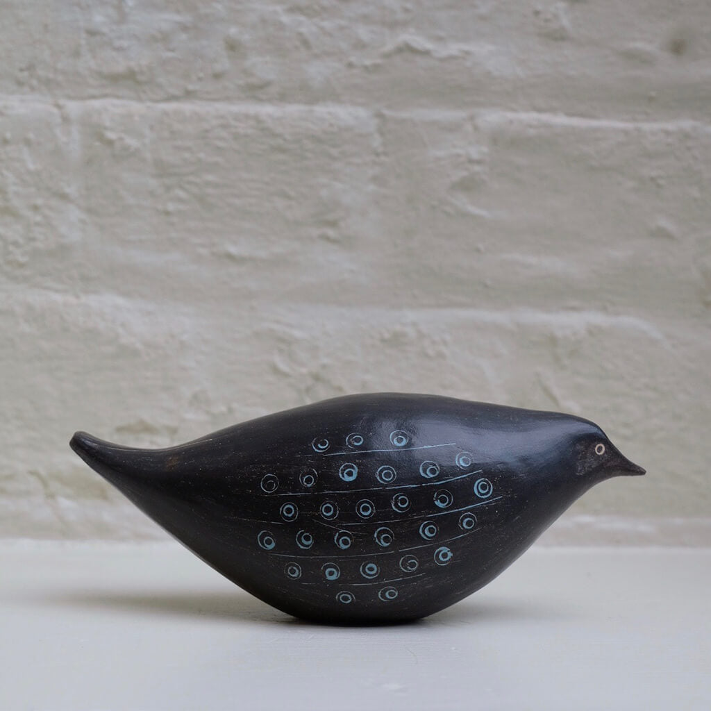 Blackbird II hand built one of a kind black stoneware bird with incised blue slip design by Caroline Nuttall-Smith