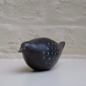 Blackbird II hand built one of a kind black stoneware bird with incised blue slip design by Caroline Nuttall-Smith side