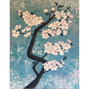 Blossom by Helen Trevisiol Duff Acrylic on canvas painting of pink flowers against blue sky