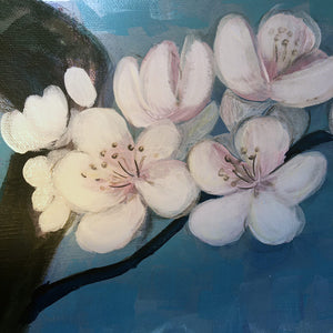 Blossom by Helen Trevisiol Duff Acrylic on canvas artwork of pink flowers and blue sky