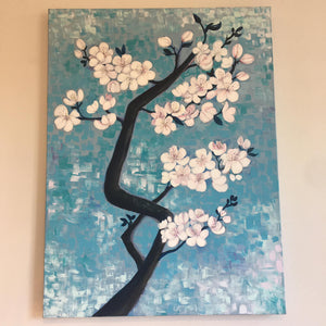 Blossom by Helen Trevisiol Duff Acrylic on canvas painting of pink flowers against blue sky full view