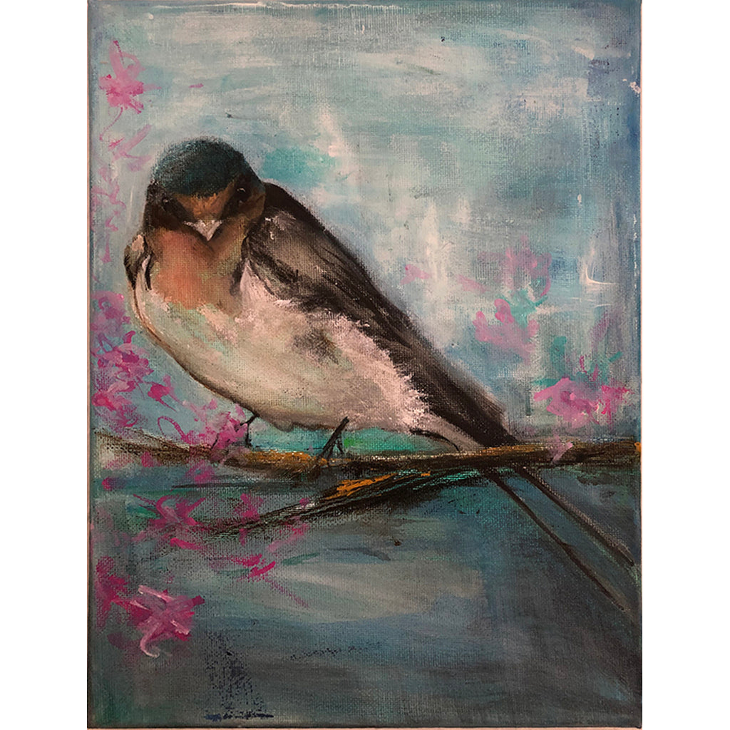 Blossoms original acrylic painting by London artist Sarita Keeler depicting a swallow bird in a blossom tree