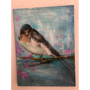 Blossoms original acrylic painting by London artist Sarita Keeler depicting a swallow bird in a blossom tree