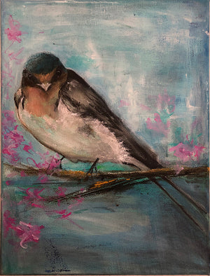 Blossoms original acrylic painting by London artist Sarita Keeler depicting a swallow bird in a blossom tree Wall