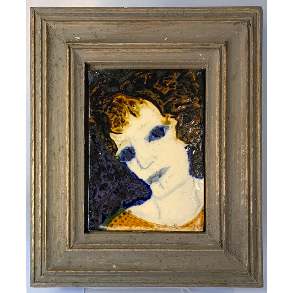 Blue Eyed Woman by mixed media figurative artist Heather Tobias oxide and glaze painted tile set in a wooden frame