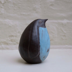 Blue Penguin by ceramic textile artist Caroline Nuttall-Smith hand built, one of a kind black stoneware penguin bird.
