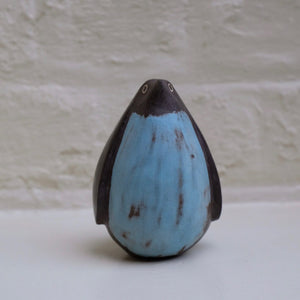 Blue Penguin by ceramic textile artist Caroline Nuttall-Smith hand built, one of a kind black stoneware penguin bird front