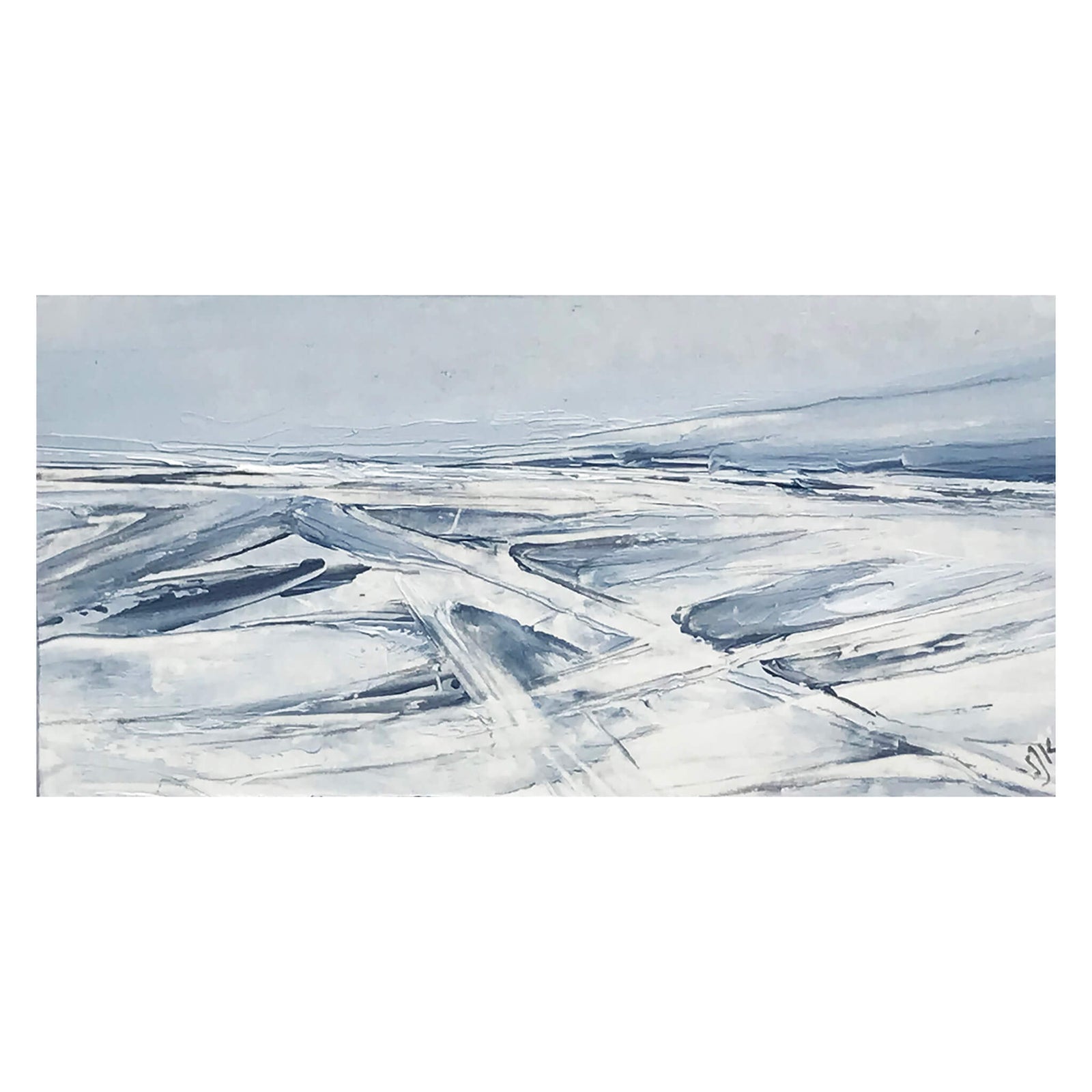 Miniature seascape oil painting in greys and blues by Sarah Knight