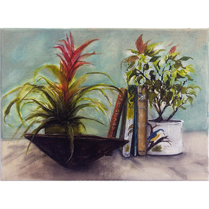 Original acrylic on canvas painting of books and houseplants against a soft green wall by London artist Sarita Keeler