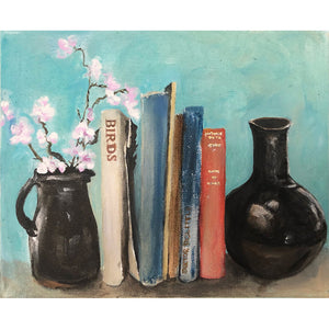 Original acrylic on canvas painting of books, vase and jug with pink blossom flowers against a sky blue wall by London artist Sarita Keeler