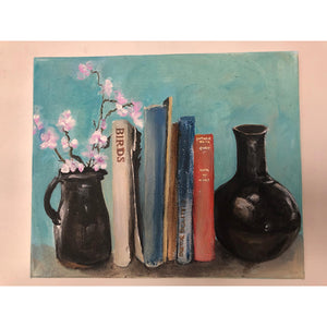 Acrylic on canvas painting of books vase and jug with pink blossom flowers against a sky blue wall by London artist Sarita Keeler
