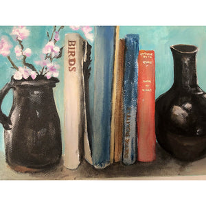 Acrylic on canvas artwork of books vase and jug with pink blossom flowers against a sky blue wall by London artist Sarita Keeler Detail