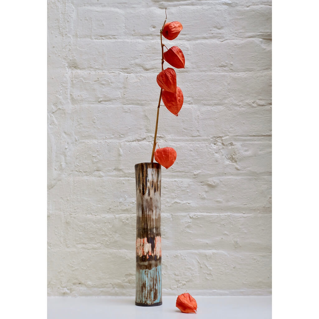 Broken Stripe Mono Print Cylinder Hand built black stoneware cylinder vase by ceramic textile artist Caroline Nuttall-Smith