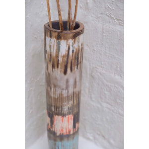 Broken Stripe Mono Print Cylinder Hand built black stoneware cylinder vase by ceramic textile artist Caroline Nuttall-Smith detail