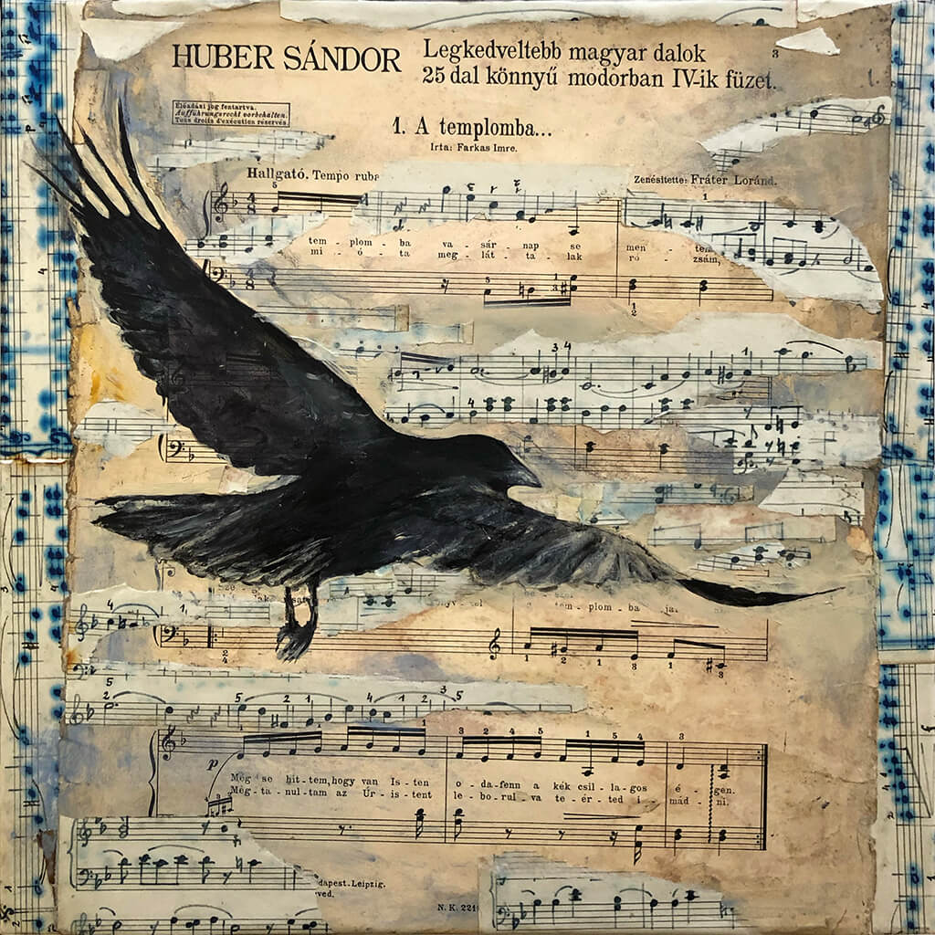 Budapest by Sarita Keeler mixed media artwork of a raven flying against a music sheet background