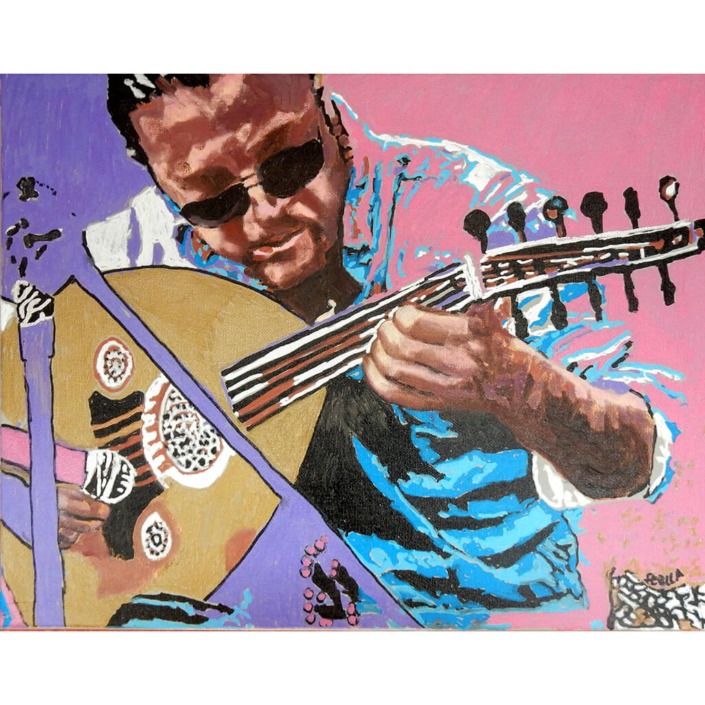 Zana Asia busker musician performing on the streets of Knightsbridge in London acrylic on canvas artwork by Stella Tooth