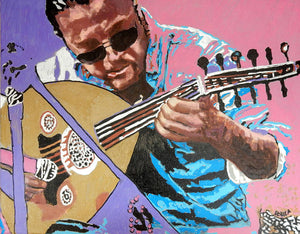 Zana Asia busker musician performing on the streets of Knightsbridge in London acrylic on canvas artwork by Stella Tooth display