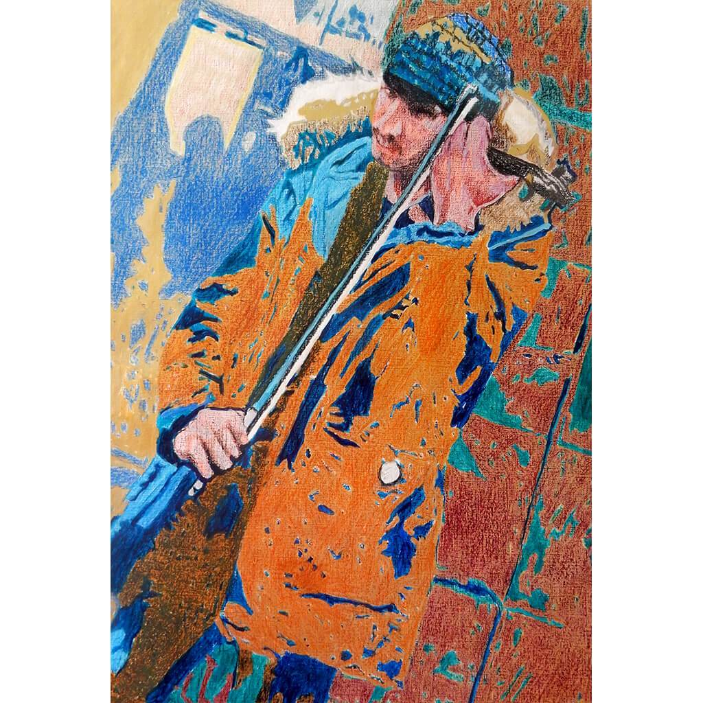 Busker performing in Florence mixed media drawing on paper by Stella Tooth