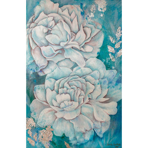 Cielo Azul by Smita Sonthalia mixed media floral acrylic on canvas painting with silver leaf embellishments. Large flowers in blue.
