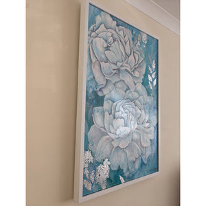 Cielo Azul by Smita Sonthalia mixed media floral acrylic on canvas painting with silver leaf embellishments. Large flowers in blue and white