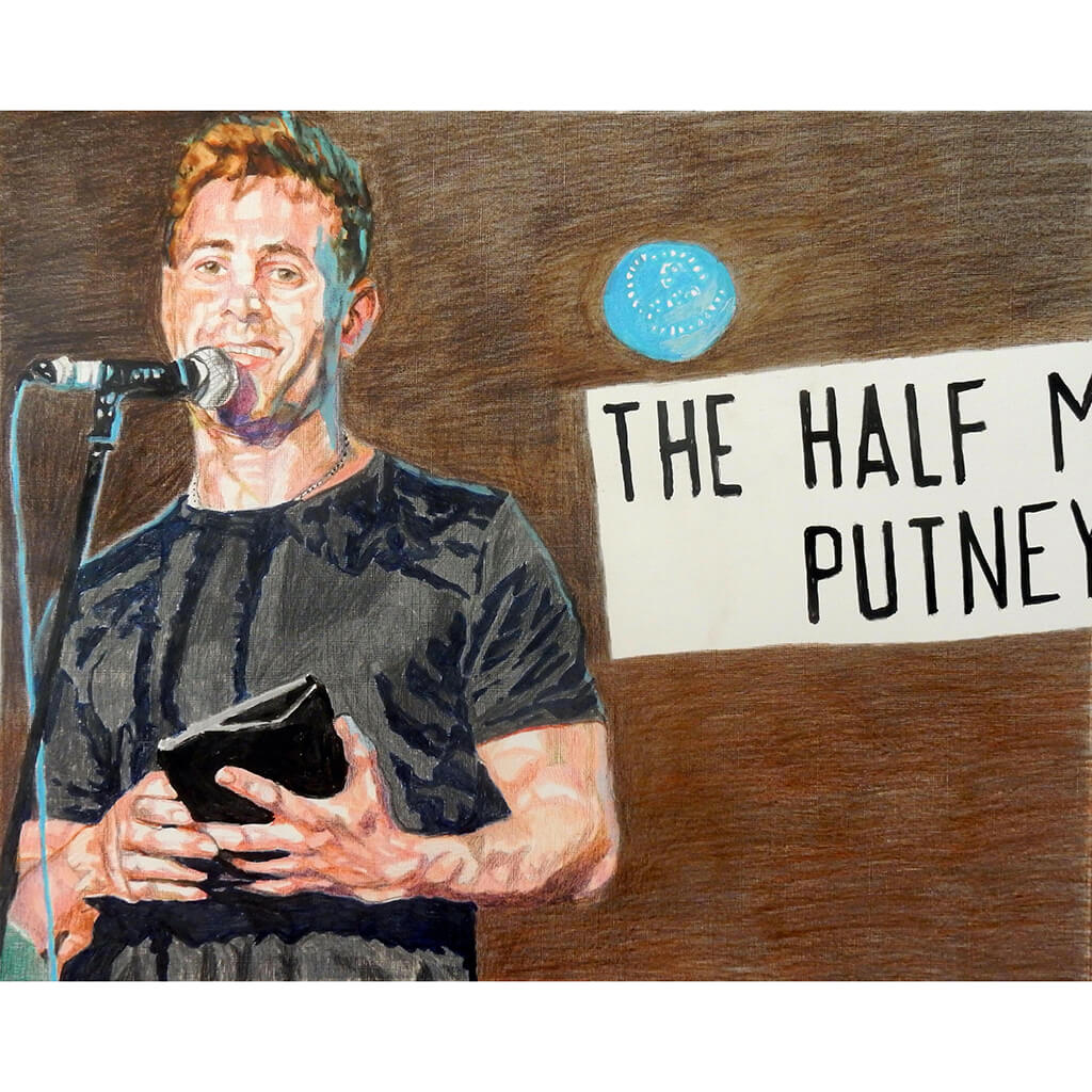 Simon Brodkin comedian performing at the Half Moon Putney original mixed media drawing on paper artwork by Stella Tooth