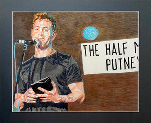 Simon Brodkin comedian performing at the Half Moon Putney original mixed media drawing on paper artwork by Stella Tooth Display
