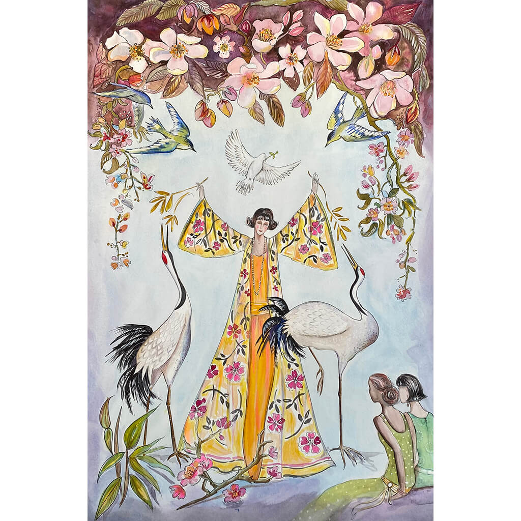 Connection is an original mixed media artwork in orange and pink by Helen Trevisiol Duff who is a Yorkshire watercolour artist.