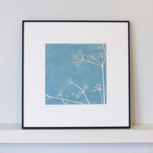 Cow Parsley hand printed linocut finished with pencil details by London artist Sarah Knight in Stone Blue or Purbeck Stone Framed
