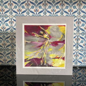 Dancer 1 by Mary Leach fine art print in maroon and lemon yellow in mount