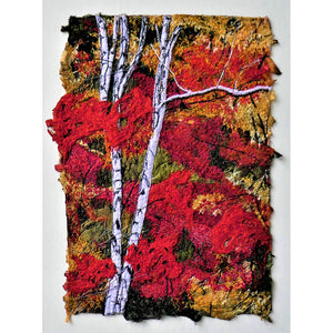 Dancing Reds by Diana Mckinnon embroidery artist birch trees in red autumn foliage