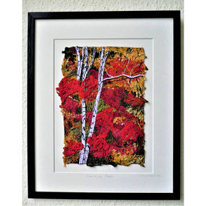 Dancing Reds by Diana Mckinnon embroidery artist birch trees in red autumn foliage