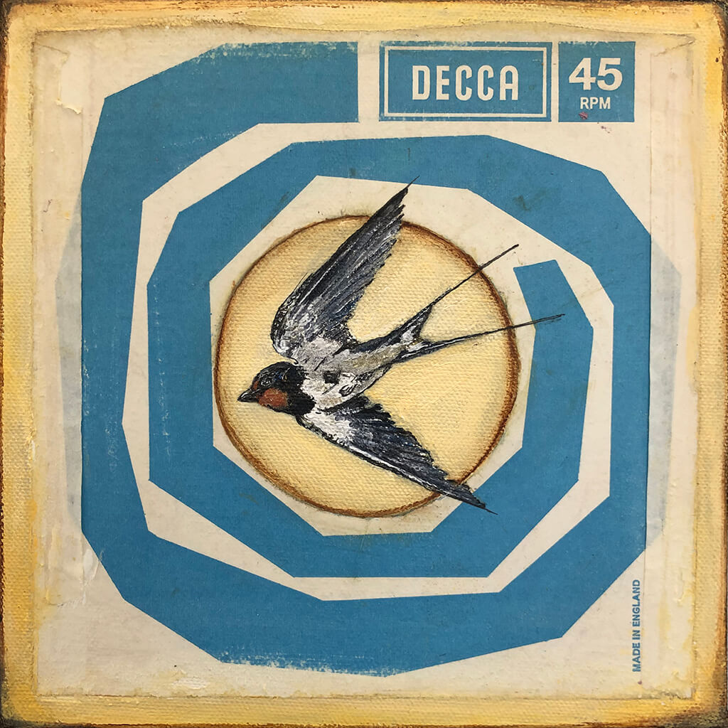 DECCA Swallow Mixed media on canvas painting of flying swallow bird on a record sleeve by artist Sarita Keeler