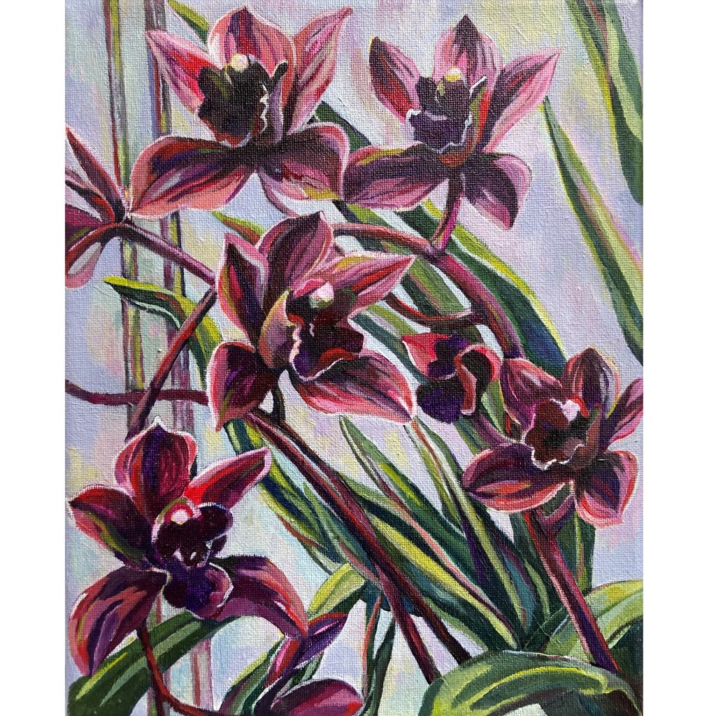 Deep Red Orchids acrylic painting on canvas by artist Mary Leach