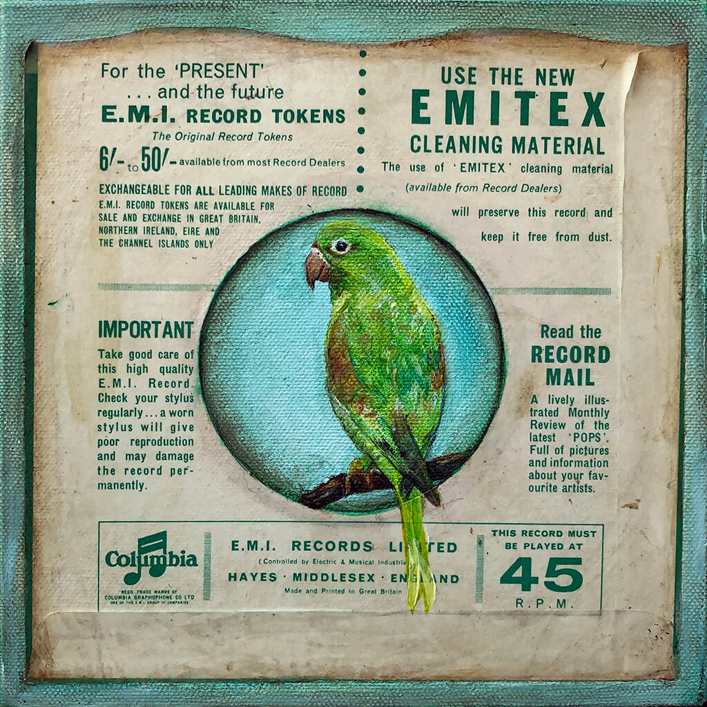 EMI Parakeet Mixed media on canvas painting of a green bird on a record sleeve by artist Sarita Keeler