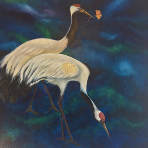 Eternity by Helen Trevisiol Duff acrylic on canvas painting of red crowned crane birds against a dark blue green background