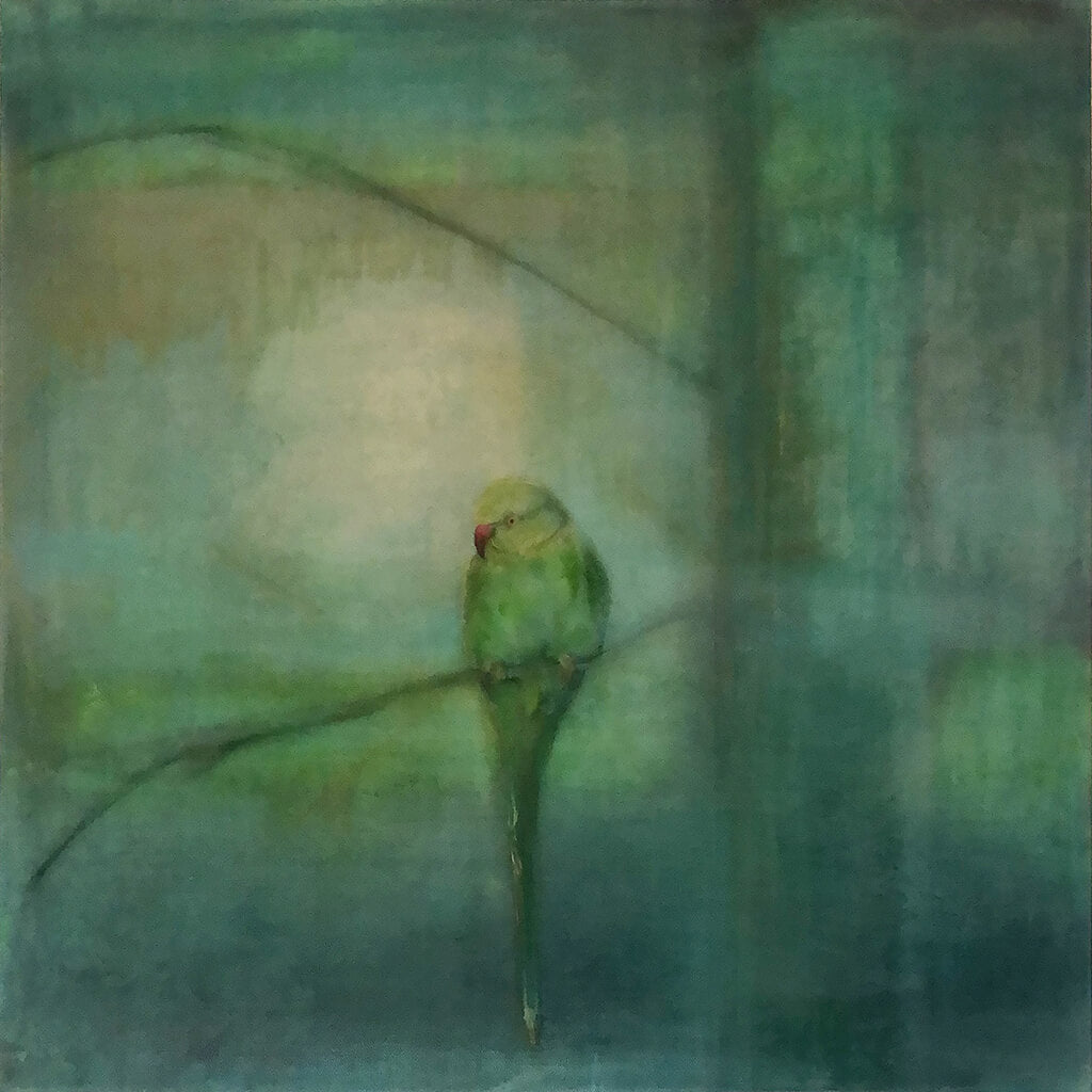 Evening Light original acrylic and pastel mixed media artwork of a green parakeet bird by London artist Sarita Keeler