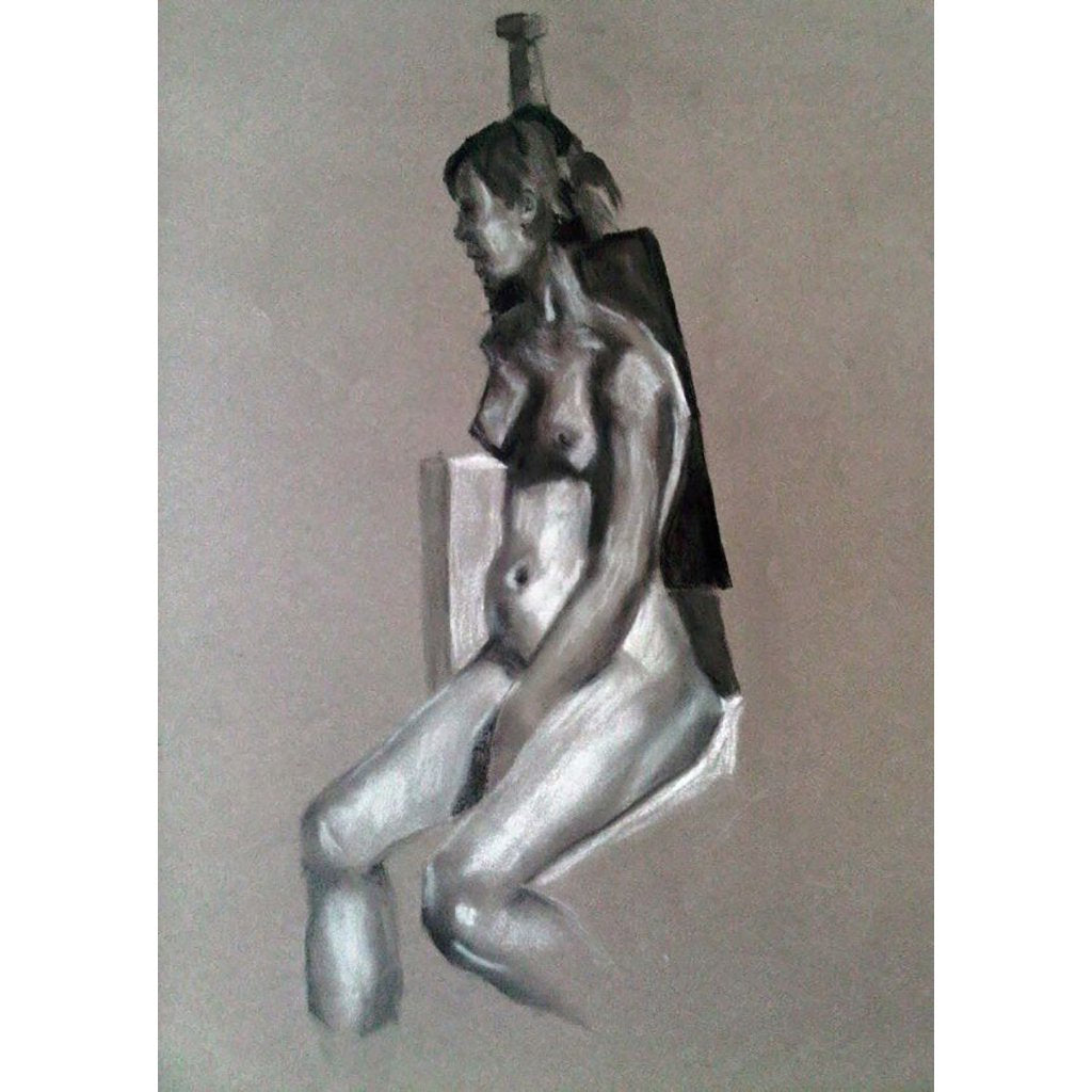 Female nude chalk charcoal life drawing on paper by Stella Tooth Portrait Artist