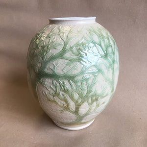 White stoneware hand decorated vase from artist Fforest range designed and made by ceramicist Jonquil Cook in shades of green
