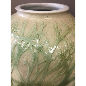 White stoneware hand decorated vase from artist Fforest range designed and made by ceramicist Jonquil Cook green detail