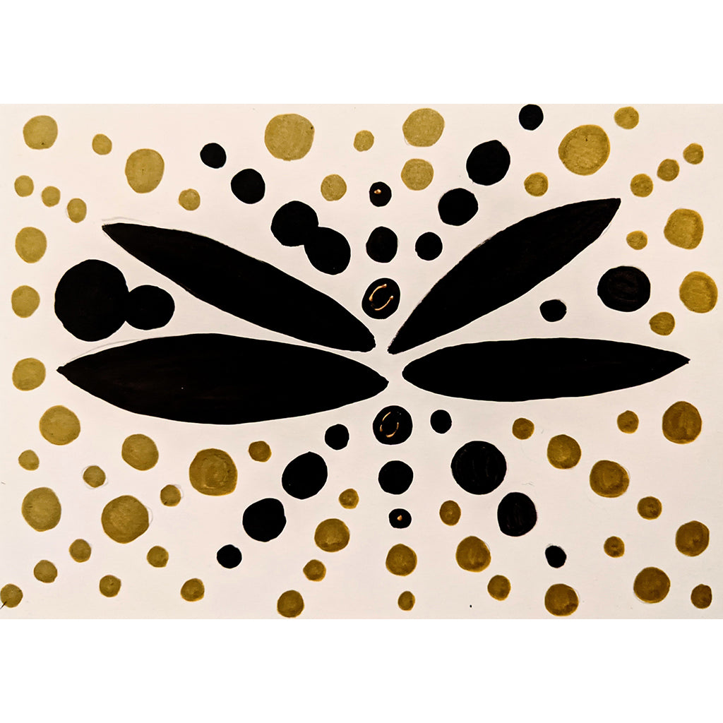 Flutter is an original abstract ink and acrylic A4 framed artwork in black and gold by London artist Bukola Dagiloke